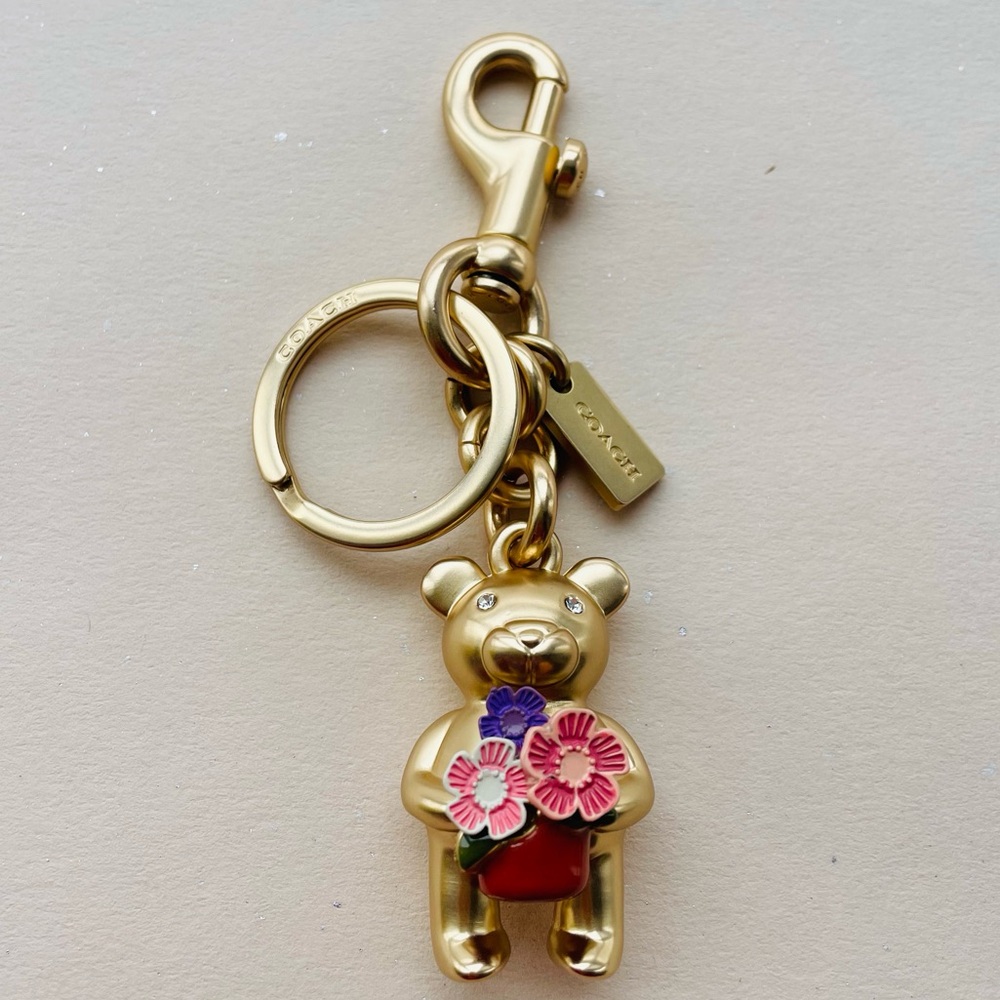 Coach Gold-tone Bear Keychain with Pink & Purple Flower Accents